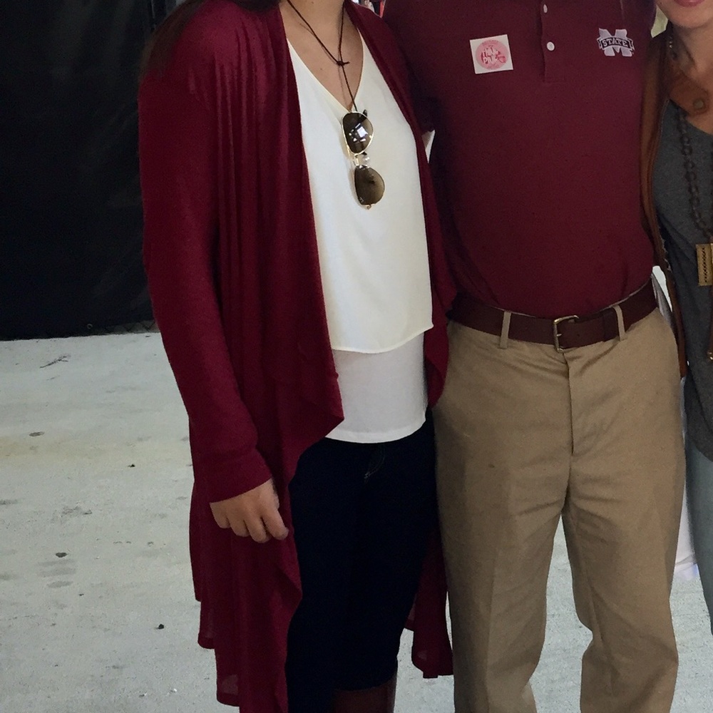 Maroon sweater.  Long in back!